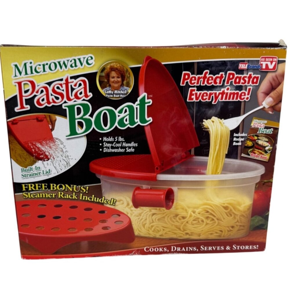 As Seen On TV Microwave Pasta Boat Strainer Vegetable Steamer Lid Rack Cook Kitc